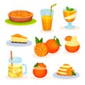 Fresh fruit orange desserts, freshly baked pie, juice, mousse, cake, pudding vector Illustrations on a white background