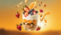 Fresh fruit parfait with elements floating in the air, advertising scene concept