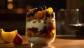 Fresh fruit parfait on wooden table with yogurt and granola generated by AI