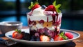 Fresh fruit parfait with yogurt, berries, and granola on wooden table generated by AI Royalty Free Stock Photo