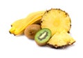 Fresh fruit - pineapple, kiwi and bananas on white background Royalty Free Stock Photo