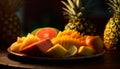 Fresh fruit plate pineapple, melon, grape, citrus generated by AI