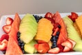 Fresh fruit platter including watermelon, cantaloupe, honeydew m Royalty Free Stock Photo