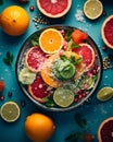 fresh fruit salad with citrus slices cucumbers and tomatoes on a blue background Royalty Free Stock Photo