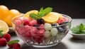 Fresh fruit salad with raspberry, blueberry, and strawberry on wooden table generated by AI Royalty Free Stock Photo