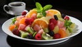 Fresh fruit salad raspberry, strawberry, melon, kiwi, blueberry, grape generated by AI Royalty Free Stock Photo