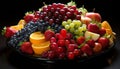 Fresh fruit salad strawberry, grape, raspberry, blueberry, orange, melon, apple, kiwi, pineapple, tomato generated by AI Royalty Free Stock Photo