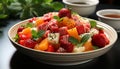 Fresh fruit salad strawberry, raspberry, blueberry, melon, and mint generated by AI