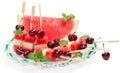 Fresh fruit salad ( watermelon, melon, cherry) and mint leaf