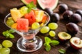 Fresh fruit salad with watermelon, plums, nectarines and grape Royalty Free Stock Photo