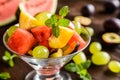 Fresh fruit salad with watermelon, plums, nectarines and grape Royalty Free Stock Photo