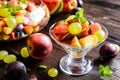 Fresh fruit salad with watermelon, plums, nectarines and grape Royalty Free Stock Photo