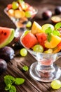 Fresh fruit salad with watermelon, plums, nectarines and grape Royalty Free Stock Photo