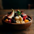 Fresh fruit salad in a wooden bowl on a dark background, blueberry, banana, raspberry, berry, generative ai