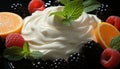 Fresh fruit salad with yogurt and whipped cream on green plate generated by AI Royalty Free Stock Photo