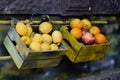 Fresh fruit for sale, displayed in wooden boxes, Naples, Italy. Royalty Free Stock Photo