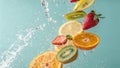 Fresh Fruit Slices in Water Splash on Flat Surface Royalty Free Stock Photo
