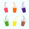 Fresh fruit smoothie cocktails illustration. Bundle of different juice take away glasses.