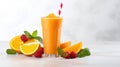 Fresh fruit smoothies fruits orange juice drink straw in a cup on white background Royalty Free Stock Photo