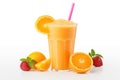 Fresh fruit smoothies fruits orange juice drink straw in a cup on white background Royalty Free Stock Photo