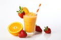 Fresh fruit smoothies fruits orange juice drink straw in a cup on white background Royalty Free Stock Photo