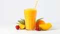 Fresh fruit smoothies fruits orange juice drink straw in a cup on white background Royalty Free Stock Photo