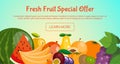 Fresh fruit special offer banner with fruits such as orange, watermelon, banana, kiwi, grapes, plum, pear, peach, mango