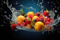 Fresh fruit splashing into clear water, Fresh fruits into clear water splash background Ai generated Royalty Free Stock Photo