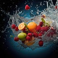 Fresh fruit splashing into clear water, Fresh fruits into clear water splash background Ai generated Royalty Free Stock Photo