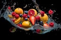 Fresh fruit splashing into clear water, Fresh fruits into clear water splash background Ai generated Royalty Free Stock Photo