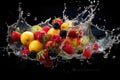 Fresh fruit splashing into clear water, Fresh fruits into clear water splash background Ai generated Royalty Free Stock Photo