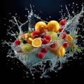 Fresh fruit splashing into clear water, Fresh fruits into clear water splash background Ai generated Royalty Free Stock Photo