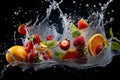 Fresh fruit splashing into clear water, Fresh fruits into clear water splash background Ai generated Royalty Free Stock Photo