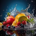 Fresh fruit splashing into clear water, Fresh fruits into clear water splash background Ai generated Royalty Free Stock Photo