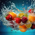 Fresh fruit splashing into clear water, Fresh fruits into clear water splash background Ai generated Royalty Free Stock Photo