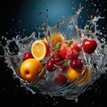 Fresh fruit splashing into clear water, Fresh fruits into clear water splash background Ai generated Royalty Free Stock Photo