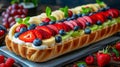 Fresh Fruit Tart with Berries, Kiwi, and Cream on Wooden Table, Gourmet Dessert Close up