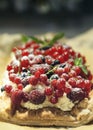 Fresh fruit tart with Raspberries, Redcurrants, Blackcurrants and cream Royalty Free Stock Photo