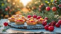 Delicious Raspberry Tarts with Fresh Cherries on Rustic Wooden Platter in the Orchard Royalty Free Stock Photo