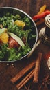 Fresh fruit and vegetable salad in copper bowl with cinamon stick