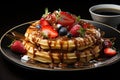 Fresh fruit waffles in sunny morning on rustic table., generative IA