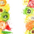 Fresh fruit watercolor banner. Watercolored apple, citruses, avocado and qiwi in one banner with splashes. Healthy