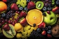 Fresh fruits background. Juicy fruits variety natural nutrition.