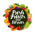 Fresh fruits and berries, banner. Natural food, greengrocery concept. Vector illustration