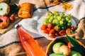 Fresh Fruits and berries, drinks and bakery on picnic blanket outdoor, summer vacation Royalty Free Stock Photo