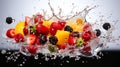 Fresh fruits and berries falling into water with splash, isolated on white background. Healthy food concept Royalty Free Stock Photo