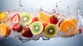 Fresh fruits and berries falling into water with splash, isolated on white background. Healthy food concept Royalty Free Stock Photo