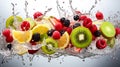 Fresh fruits and berries falling into water with splash, isolated on white background. Healthy food concept Royalty Free Stock Photo