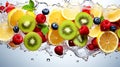 Fresh fruits and berries falling into water with splash, isolated on white background. Healthy food concept Royalty Free Stock Photo