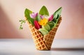 fresh fruits, berries and flowers in an ice-cream waffle cone isolated over the background Royalty Free Stock Photo